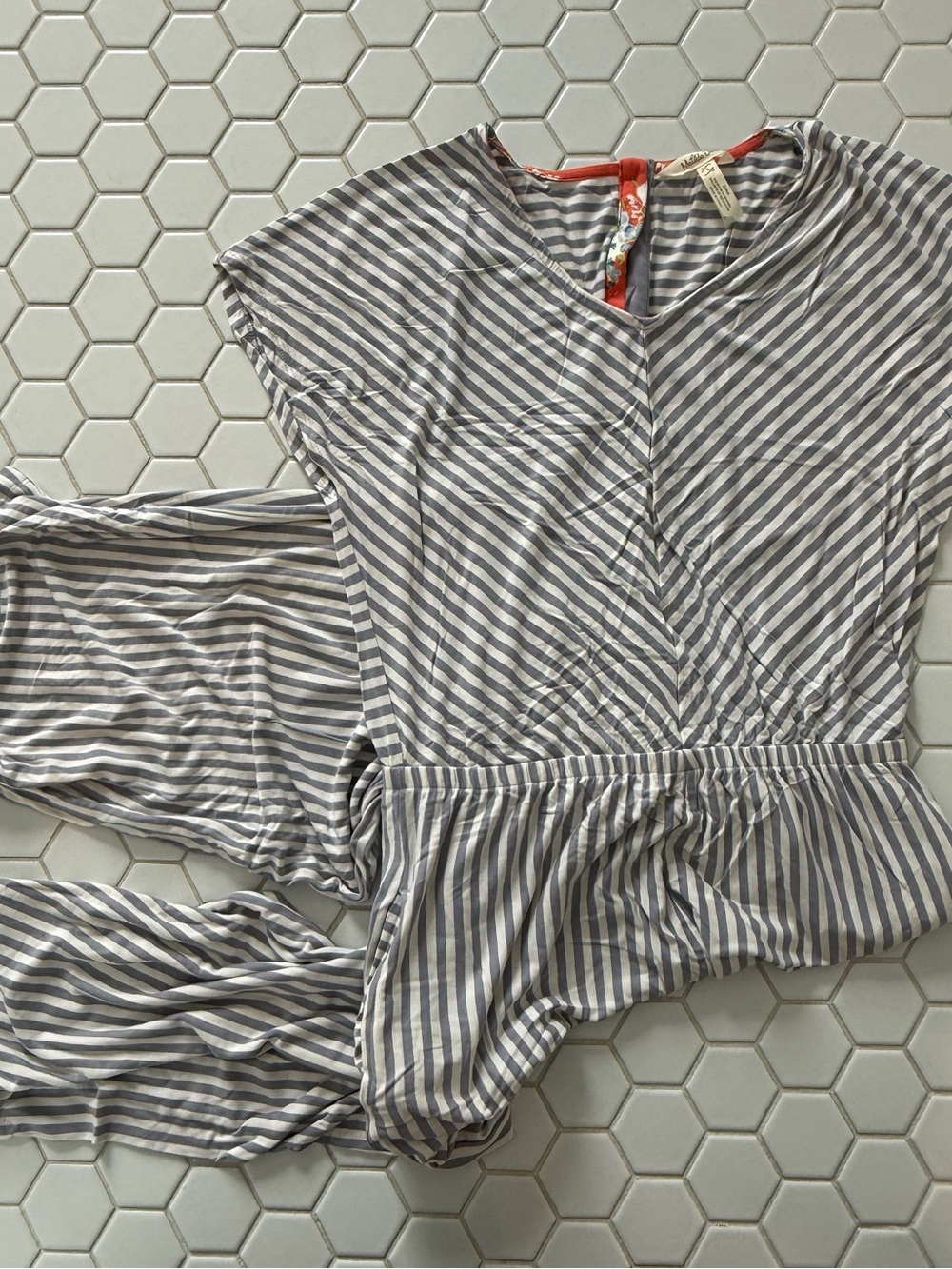 Matilda Jane Gray & White Striped Jumpsuit with Coral Accent
